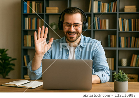Smiling Man Waving During Online Video Call from Home Office 132110992
