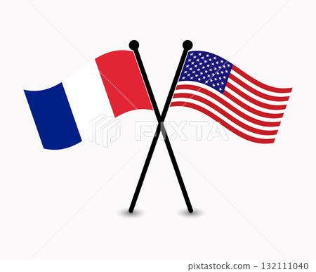 Crossed French and American Flags, symbolizing international relations and partnership. Crossed French and American Flags, symbolizing international relations and partnership. 132111040