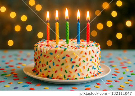 Festive Birthday Cake with Colorful Candles and Sprinkles on Blue Table 132111047