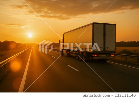 Cargo Truck Driving on Highway at Sunset 132111140