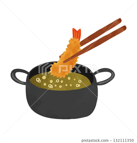 Frying pan and fried shrimp watercolor hand-drawn vector illustration 132111350