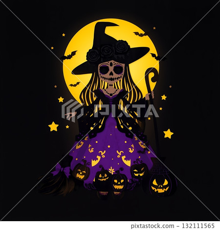 月夜中的女巫和南瓜的萬聖節藝術 月夜中的女巫和南瓜的萬聖節藝術 132111565