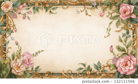 古色古香的玫瑰和金色裝飾華麗的畫框背景 古色古香的玫瑰和金色裝飾華麗的畫框背景 132111566