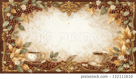 優雅的咖啡杯框架，配有金葉和豆子 132111610