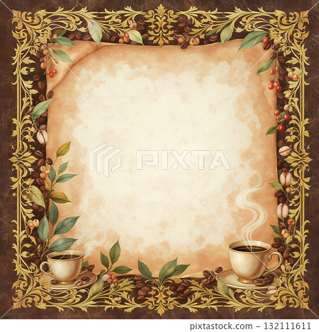 復古咖啡杯和咖啡豆裝飾框架 132111611