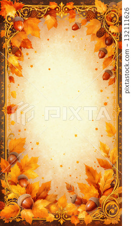 秋天的橡實和樹葉復古框架 132111626