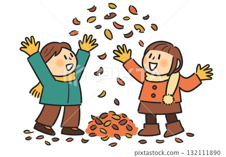 Boy and girl playing by throwing autumn leaves up in the air Boy and girl playing by throwing autumn leaves up in the air 132111890