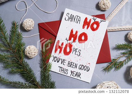 Sustainable Christmas preparation handmade greeting cards with envelope. Inclusive and responsible holiday 132112078