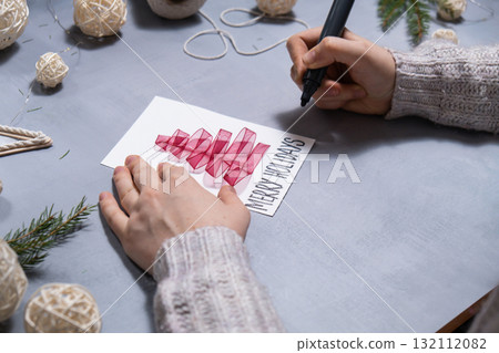Christmas tree ribbon Sustainable Christmas preparation Diy process of making handmade greeting cards. Step by step activity for children. Inclusive and responsible stress relief holiday hobby Christmas tree ribbon Sustainable Christmas preparation Diy process of making handmade greeting cards. Step by step activity for children. Inclusive and responsible stress relief holiday hobby 132112082