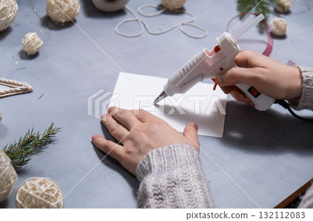 Christmas tree ribbon Gift Christmas idea. Do it yourself instruction postcard eco-friendly decoration. Making handmade presents children's diy projects. Holiday family time Christmas tree ribbon Gift Christmas idea. Do it yourself instruction postcard eco-friendly decoration. Making handmade presents children's diy projects. Holiday family time 132112083