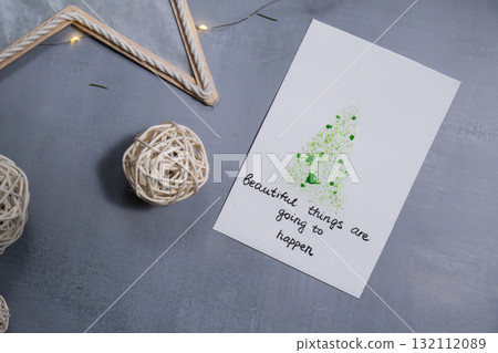 Christmas tree Storytelling of creating craft Christmas greeting card holiday present. Tactile hand-on activity. Master class progress of creative me-made gifts. Seasonal domestic life micro moment 132112089