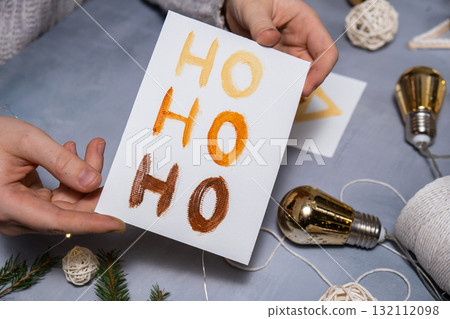 Sustainable Christmas preparation Diy process of making handmade greeting cards. Step by step activity for children. Inclusive and responsible stress relief holiday hobby 132112098