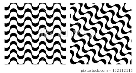 Vector wavy pattern in Portuguese pavement style, inspired by Copacabana beach sidewalk. Black and white curved lines forming a seamless repeating design, Rio promenade texture. 132112115