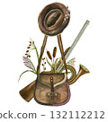 Hunting set. Hunter's bag, rifle, hat, bugle, cattails, reeds, and cane. Watercolor illustrations. Hand-drawn. Isolated on a white background. For cards, scrapbooking and printing 132112212