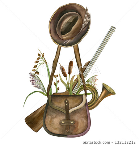 Hunting set. Hunter's bag, rifle, hat, bugle, cattails, reeds, and cane. Watercolor illustrations. Hand-drawn. Isolated on a white background. For cards, scrapbooking and printing Hunting set. Hunter's bag, rifle, hat, bugle, cattails, reeds, and cane. Watercolor illustrations. Hand-drawn. Isolated on a white background. For cards, scrapbooking and printing 132112212