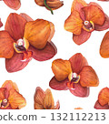 Phalaenopsis Blossom Orange Orchid. Seamless pattern. For wallpaper and textiles, cards, scrapbooking and printing. Watercolor illustration on a white background. Hand-drawn. 132112213