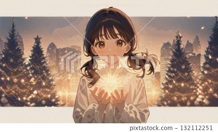 Watercolor illustration of a girl and a Christmas tree, horizontal 3 Watercolor illustration of a girl and a Christmas tree, horizontal 3 132112251