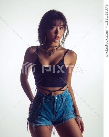 女模身穿黑色吊帶背心和牛仔短褲|清涼迷人的夏日街頭風 女模身穿黑色吊帶背心和牛仔短褲|清涼迷人的夏日街頭風 132112379