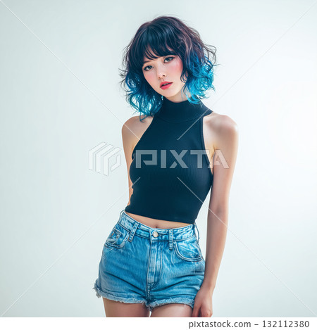身穿黑色無袖上衣和牛仔短褲的女模特兒 | 夏日藝術風格,獨特的藍色頭髮 身穿黑色無袖上衣和牛仔短褲的女模特兒 | 夏日藝術風格,獨特的藍色頭髮 132112380
