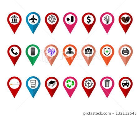 Collection of location markers with various icons for services. 132112543