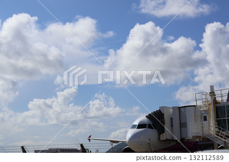石垣島機場的飛機和夏日天空 132112589