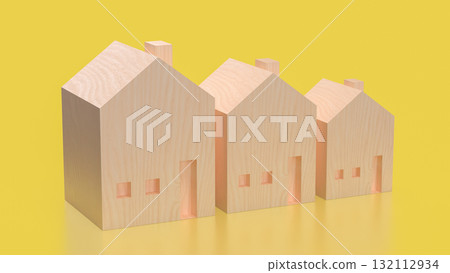 The Wood House On yellow Background for Property or Building concept 3d Render. The Wood House On yellow Background for Property or Building concept 3d Render. 132112934