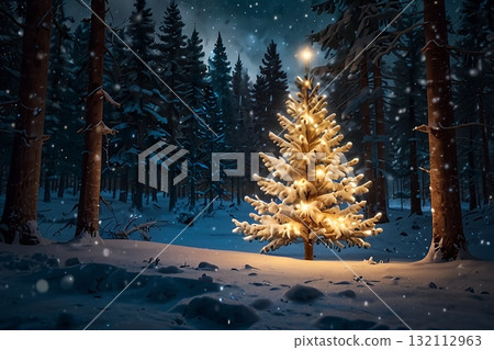 A fantastic Christmas tree shrouded in mist 132112963