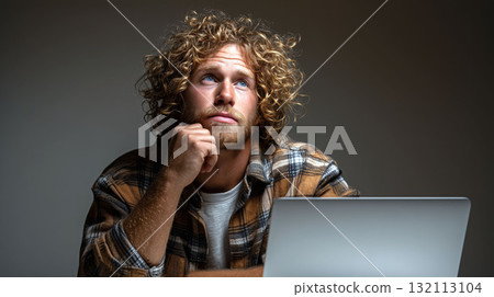 Thoughtful man with curly hair sitting at laptop, resting chin on hand and looking up in contemplation Thoughtful man with curly hair sitting at laptop, resting chin on hand and looking up in contemplation 132113104