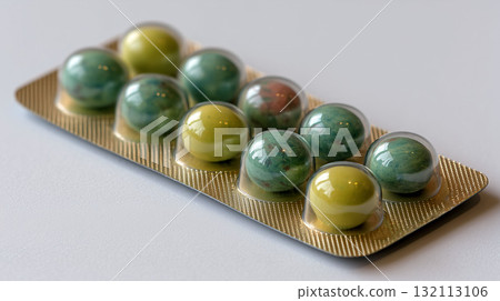 Colorful round capsules in blister pack with glossy finish, resembling marbles, placed on light surface Colorful round capsules in blister pack with glossy finish, resembling marbles, placed on light surface 132113106