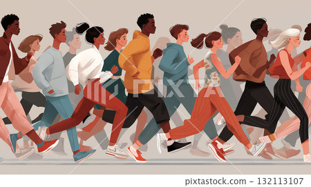 Illustrated group of diverse people running together in casual sportswear, symbolizing unity, health and active lifestyle 132113107