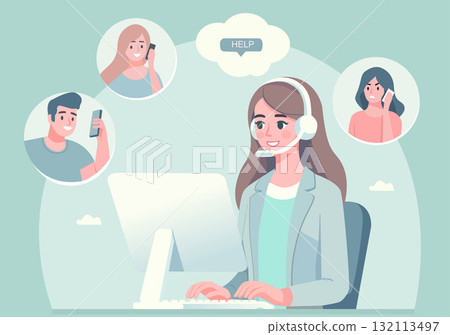 A female customer service representative is assisting several customers. 132113497