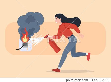 Illustration of a woman running to put out an electric shock with a fire extinguisher. 132113503