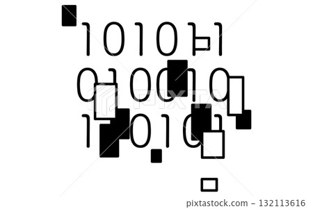 二進制數字和隱藏它們的塊的線條圖標，安全圖像插圖，黑白 132113616