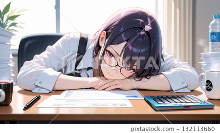 A female office worker at a loss surrounded by piles of documents 132113660