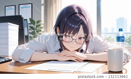 一位女職員被一堆文件包圍,不知所措 一位女職員被一堆文件包圍,不知所措 132113661