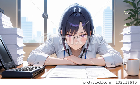 一位女職員被一堆文件包圍，不知所措 132113689