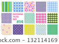 Retro seamless pattern collection, bold geometric stripes, modern japanese oriental style, and checker vector tiles. Seamless patterns with green, teal, blue and pink stripes wavy squares and grids 132114169