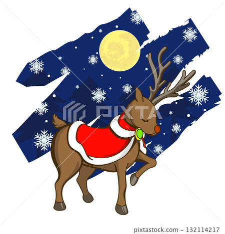 Reindeer Waiting for Santa / Quiet Snow Forest and Full Moon Night 132114217