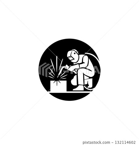 vector silhouette of worker welding on black circle background vector silhouette of worker welding on black circle background 132114602
