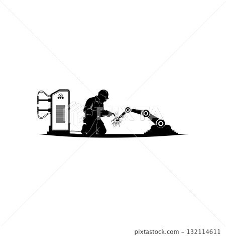 Welding worker icon with protective helmet and gloves creating sparks in fabrication proces Welding worker icon with protective helmet and gloves creating sparks in fabrication proces 132114611