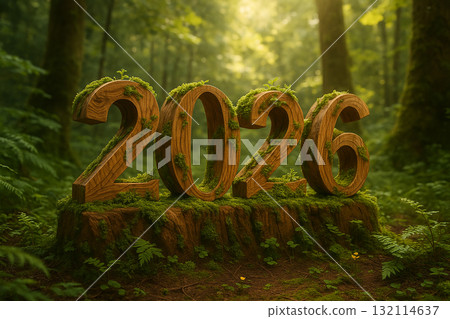 Wooden numbers "2026" blend into the forest 132114637
