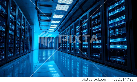 Computer network server room with server racks and modern interior design. 132114783