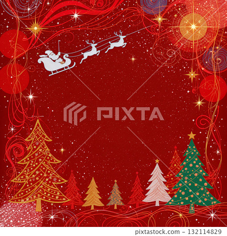 紅色抽象的背景插圖上的聖誕老人雪橇和聖誕樹 紅色抽象的背景插圖上的聖誕老人雪橇和聖誕樹 132114829