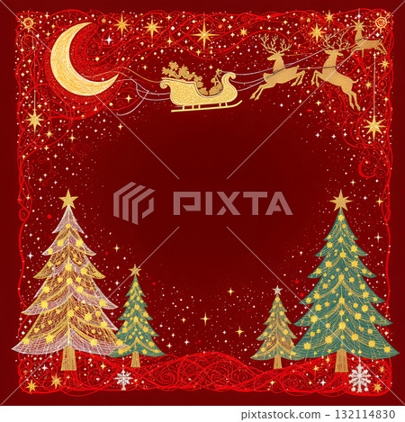 紅色抽象的背景插圖上的金色聖誕老人雪橇和聖誕樹 紅色抽象的背景插圖上的金色聖誕老人雪橇和聖誕樹 132114830