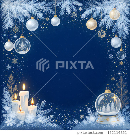 海軍藍聖誕節背景插圖冬季蠟燭和雪球 海軍藍聖誕節背景插圖冬季蠟燭和雪球 132114831