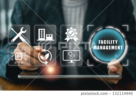 Illustration of facility management with digital icons showcasing maintenance, sustainability, and technology on a virtual screen. Illustration of facility management with digital icons showcasing maintenance, sustainability, and technology on a virtual screen. 132114940
