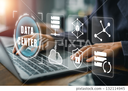 High-tech data center showcasing digital interfaces, cloud computing, and secure data management solutions. High-tech data center showcasing digital interfaces, cloud computing, and secure data management solutions. 132114945