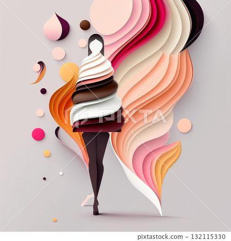 Abstract woman silhouette in cake form dress. Generative AI 132115330