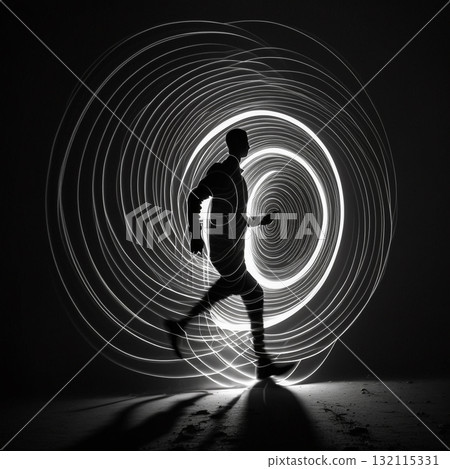 Man silhouette running in light circle trails. Generative AI 132115331