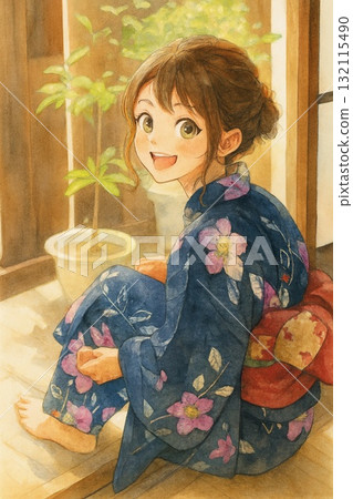 Watercolor illustration of a beautiful girl in a yukata smiling by the window 132115490